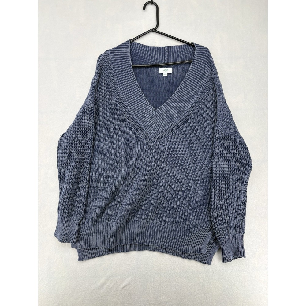 Aerie Sweater Ribbed V-Neck Oversized Chunky Knit Pullover Blue Womens Size M